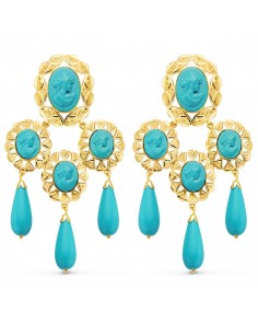 18K PENDIENTES CUBANAS ORO AMARILLO MANTILLA CAMAFEO Y TURQUESAS. 70X38 MM CATALAN