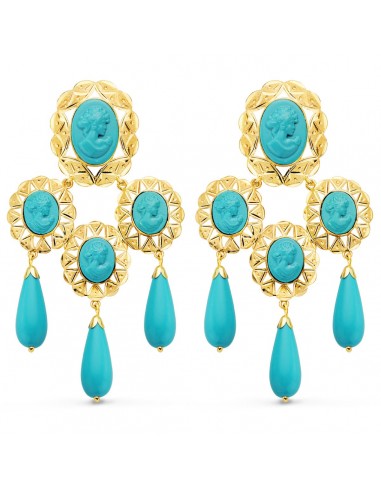 18K PENDIENTES CUBANAS ORO AMARILLO MANTILLA CAMAFEO Y TURQUESAS. 70X38 MM CATALAN
