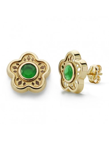 18K PENDIENTES FLOR PIEDRA COLOR VERDE 11MM.