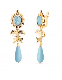 18K PENDIENTES CUBANAS ORO AMARILLO TURQUESA CAMAFEO Y LAGRIMA CON LAZO. 53X14 MM. CIERRE CATALAN