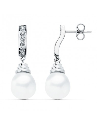 18K PENDIENTES ORO BLANCO PERLA 28X9 MM CIERRE PRESION
