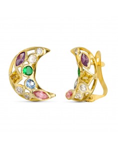 18K PENDIENTES ORO AMARILLO LUNA CIRCONITA COLOR  14X10 MM CIERRE CATALAN