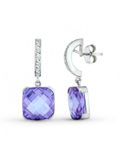 18K PENDIENTES ORO BLANCO PIEDRA  COLOR AMATISTA  30X12 MM CIERRE PRESION
