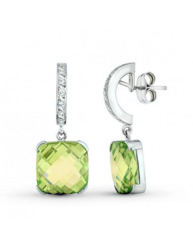 18K PENDIENTES ORO BLANCO CON PIEDRA OLIVINA Y CIRCONITA 30X12 MM. CIERRE PRESION
