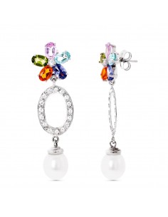 18K PENDIENTES ORO BLANCO CIRCONITA Y PERLA Y FLOR DE PIEDRA COLOR CIERRE PRESION