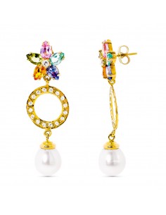 18K PENDIENTES ORO AMARILLO CIRCONITA Y PERLA Y FLOR DE PIEDRA DE COLOR CIERRE PRESION