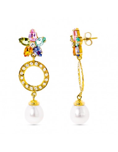 18K PENDIENTES ORO AMARILLO CIRCONITA Y PERLA Y FLOR DE PIEDRA DE COLOR CIERRE PRESION
