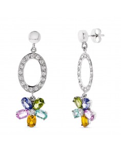 18K PENDIENTES LARGOS ORO BLANCO PIEDRAS COLOR 42X13 MM CIERRE PRESION