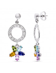 18K PENDIENTES LARGOS ORO BLANCO Y PIEDRAS DE COLORES.36X14 MM CIERRE PRESION