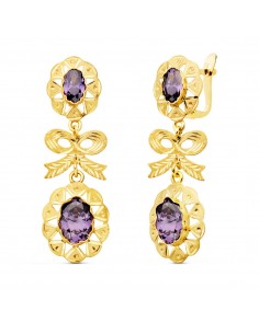 18K PENDIENTES ORO AMARILLO CUBANAS CON LAZO CIRCONITA AMATISTA 55X20 MM CIERRE CATALAN