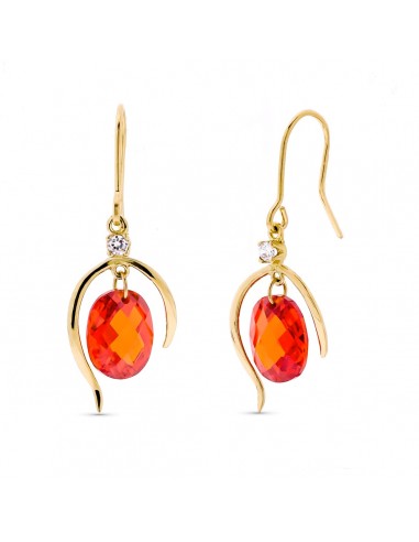 18K PENDIENTES ORO AMARILLO LARGOS PIEDRA NARANJA 10X8 MM CIRCONITA CIERRE GANCHO