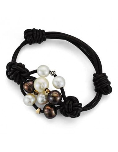 18K PULSERA CUERO PERLA Y DIAMANTE TALLA BRILLANTE