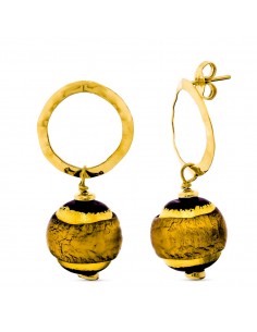18K PENDIENTES ORO AMARILLO LARGO MURANO 14 MM TONOS MARRON CIERRE PRESION