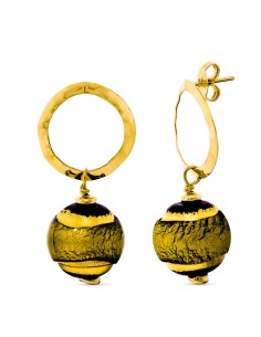 18K PENDIENTES ORO AMARILLO LARGOS MURANO 14 MM TONOS VERDES CIERRE PRESION