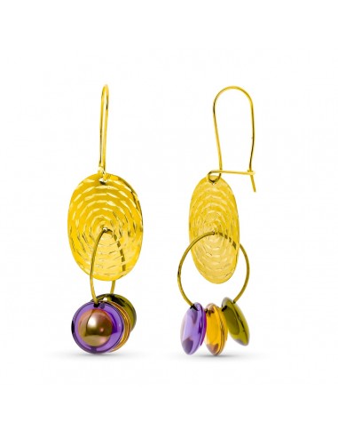 18K PENDIENTES ORO AMARILLO LARGOS PIEDRAS COLORES Y PLACA CHAPA TALLADA CIERRE GANCHO