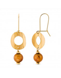 18K PENDIENTES LARGOS ORO AMARILLO REDONDOS PERLA COLOR 44X15 MM CIERRE GANCHO