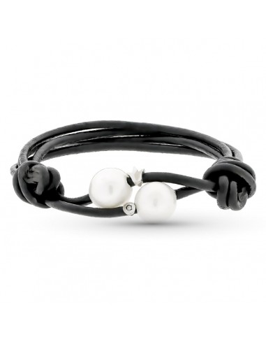 18K PULSERA CUERO PERLA Y DIAMANTE TALLA BRILLANTE