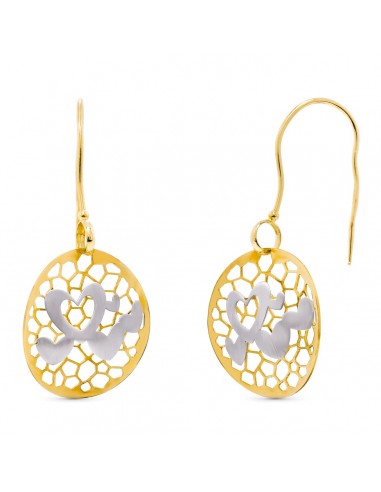 18K PENDIENTES LARGOS BICOLOR CORAZONES CALADOS 40X19 MM CIERRE GANCHO