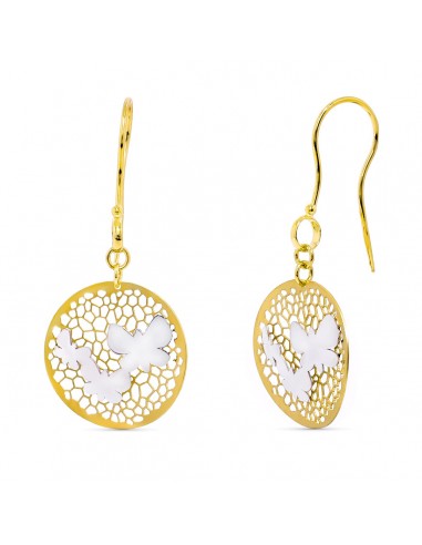 18K PENDIENTES ORO BICOLOR LARGOS MARIPOSAS. 43X18 MM CIERRE GANCHO