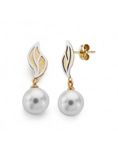 18K PENDIENTES BICOLOR PERLA. 22 X 8 MM.