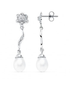 18K PENDIENTES ORO BLANCO PERLA 9X7 MM FLOR 38X8 MM CIERRE PRESION