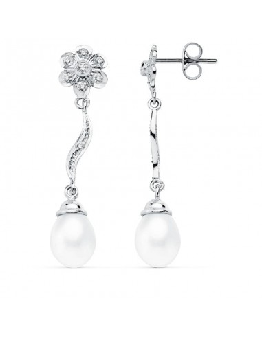 18K PENDIENTES ORO BLANCO PERLA 9X7 MM FLOR 38X8 MM CIERRE PRESION