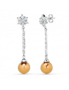 18K PENDIENTES ORO BLANCO PERLA MARRON CIRCONITAS CIERRE PRESION