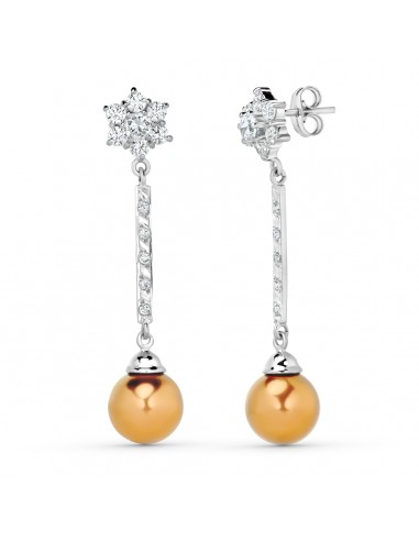 18K PENDIENTES ORO BLANCO PERLA MARRON CIRCONITAS CIERRE PRESION