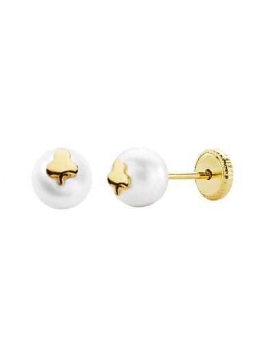18K PENDIENTES ORO AMARILLO TREBOL Y PERLA 6 MM TUERCA