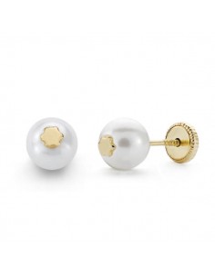 18K PENDIENTES ORO AMARILLO PERLA Y ESTRELLA 6 MM CIERRE TUERCA