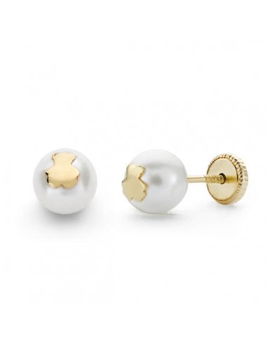 18K PENDIENTES ORO AMARILLO PERLA Y OSO  6 MM CIERRE TUERCA