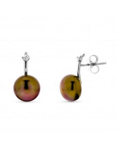18K PENDIENTES ORO BLANCO PERLA BOTON 10 MM MARRON CIERRE PRESION