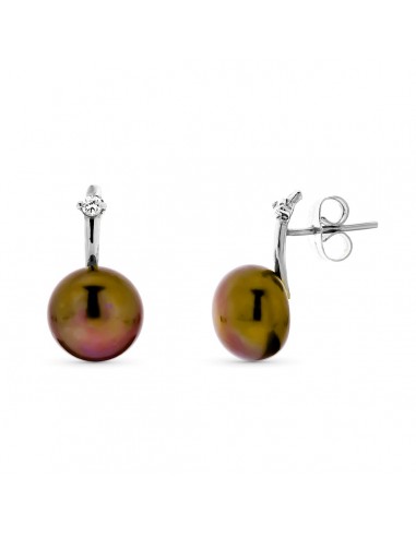 18K PENDIENTES ORO BLANCO PERLA BOTON 10 MM MARRON CIERRE PRESION