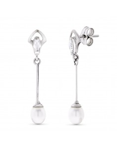 18K PENDIENTES ORO BLANCO LARGOS Y PERLAS CIERRE PRESION