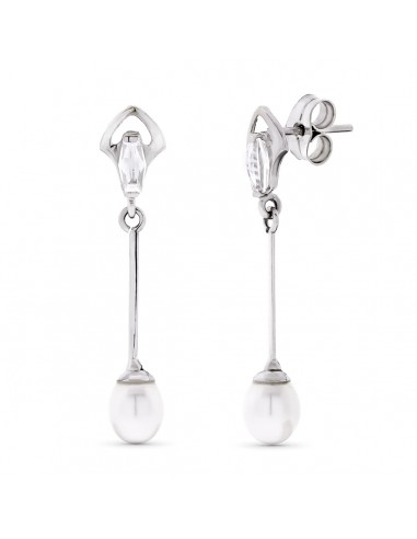 18K PENDIENTES ORO BLANCO LARGOS Y PERLAS CIERRE PRESION