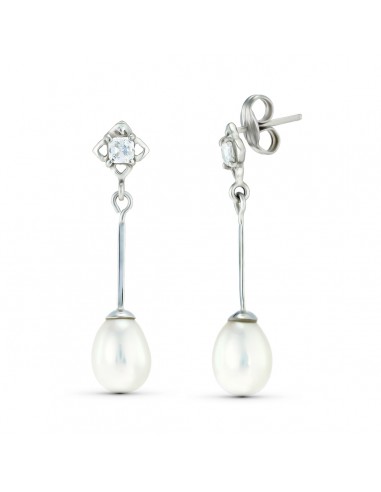 18K PENDIENTES ORO BLANCO DOS CUERPOS CON PERLAS Y CIRCONITA. CIERRE PRESION