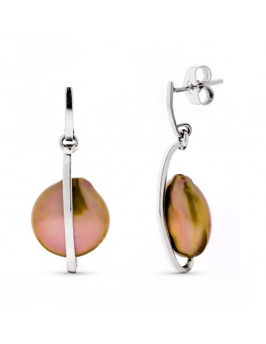 18K PENDIENTES ORO BLANCO LARGOS Y PERLA CHOCOLATE CIERRE PRESION