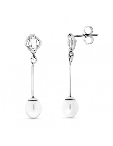 18K PENDIENTES ORO BLANCO LARGOS Y PERLAS CIERRE PRESION