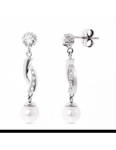 18K PENDIENTES ORO BLANCO Y PERLA CON GARRA DE CIRCONITA CIERRE PRESION
