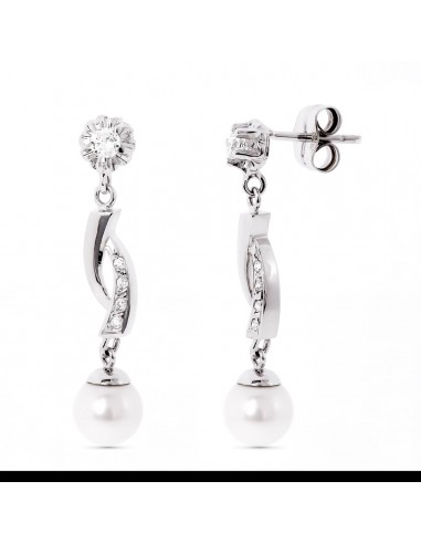 18K PENDIENTES ORO BLANCO Y PERLA CON GARRA DE CIRCONITA CIERRE PRESION