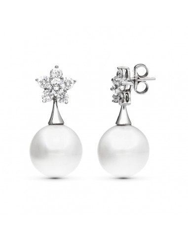 18K PENDIENTES ORO BLANCO FLOR CIRCONITA PERLA 14 MM CIERRE PRESION