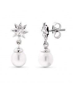 18K PENDIENTES ORO BLANCO LARGO ESTRELLA PERLA 18X7 MM CIERRE PRESION