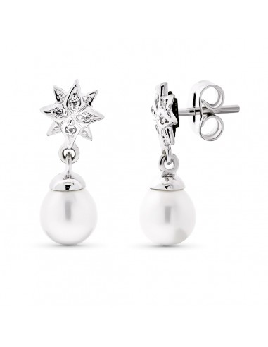 18K PENDIENTES ORO BLANCO LARGO ESTRELLA PERLA 18X7 MM CIERRE PRESION