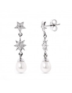 18K PENDIENTES ORO BLANCO ESTRELAS DE CIRCONITA Y PERLA CIERRE PRESION