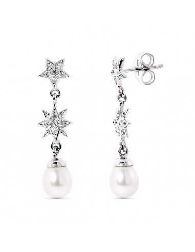 18K PENDIENTES ORO BLANCO ESTRELAS DE CIRCONITA Y PERLA CIERRE PRESION