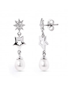 18K PENDIENTES LARGOS PRESION ORO BLANCO ESTRELLAS CON CIRCONITA Y PERLA