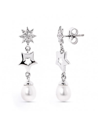 18K PENDIENTES LARGOS PRESION ORO BLANCO ESTRELLAS CON CIRCONITA Y PERLA