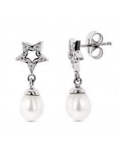 18K PENDIENTES ORO BLANCO DOS CUERPOS CON ESTRELLA Y PERLA CIERRE PRESION