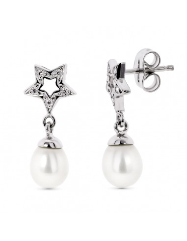 18K PENDIENTES ORO BLANCO DOS CUERPOS CON ESTRELLA Y PERLA CIERRE PRESION