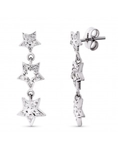 18K PENDIENTES ORO BLANCO LARGOS CIRCONITA Y ESTRELLAS. 27X8 MM CIERRE PRESION